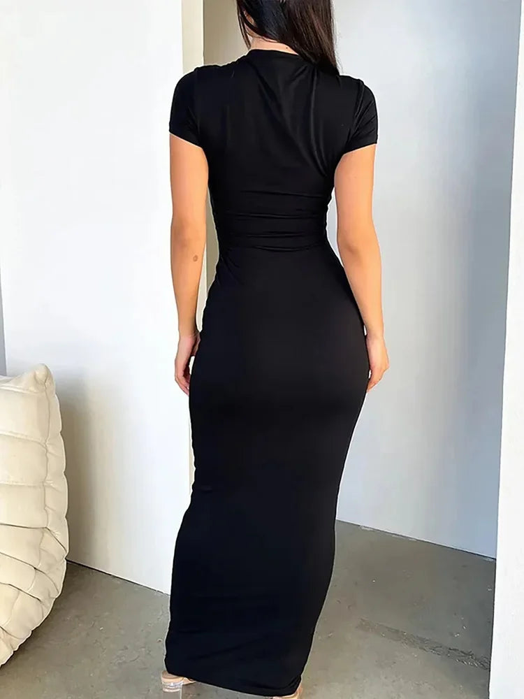 2026 Summer New Chic Slim Chic Short Sleeve Dress for Women O Neck Long Dresses Office Lady Casual Solid Color Dresses Robe