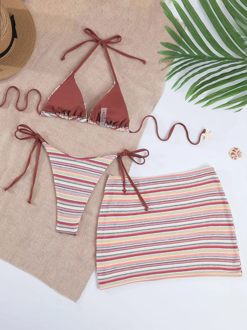 Women Retro Stripe 3 Piece Bikini Set Halter Tie Triangle Top Side Tie Swimsuits Mini Wrap Skirt Cover Up Beach Bathing Suit