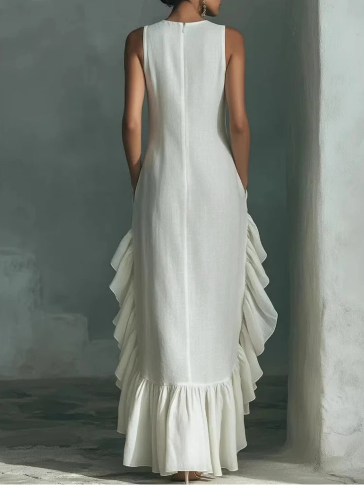 Elegant Solid Ruffle Long Dress Women 2026 Fashion O Neck Sleeveless Maxi Dress Summer Ruffle Hem Tank Boho Vacation Beach Dress