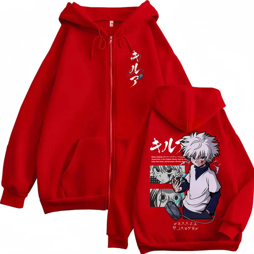 Anime Hunter X Hunter Zipper Hoodie Killua Zoldyck Graphic Hoodies Men Women Vintage Oversized Fleece Cotton Zip Up Jacket Coat