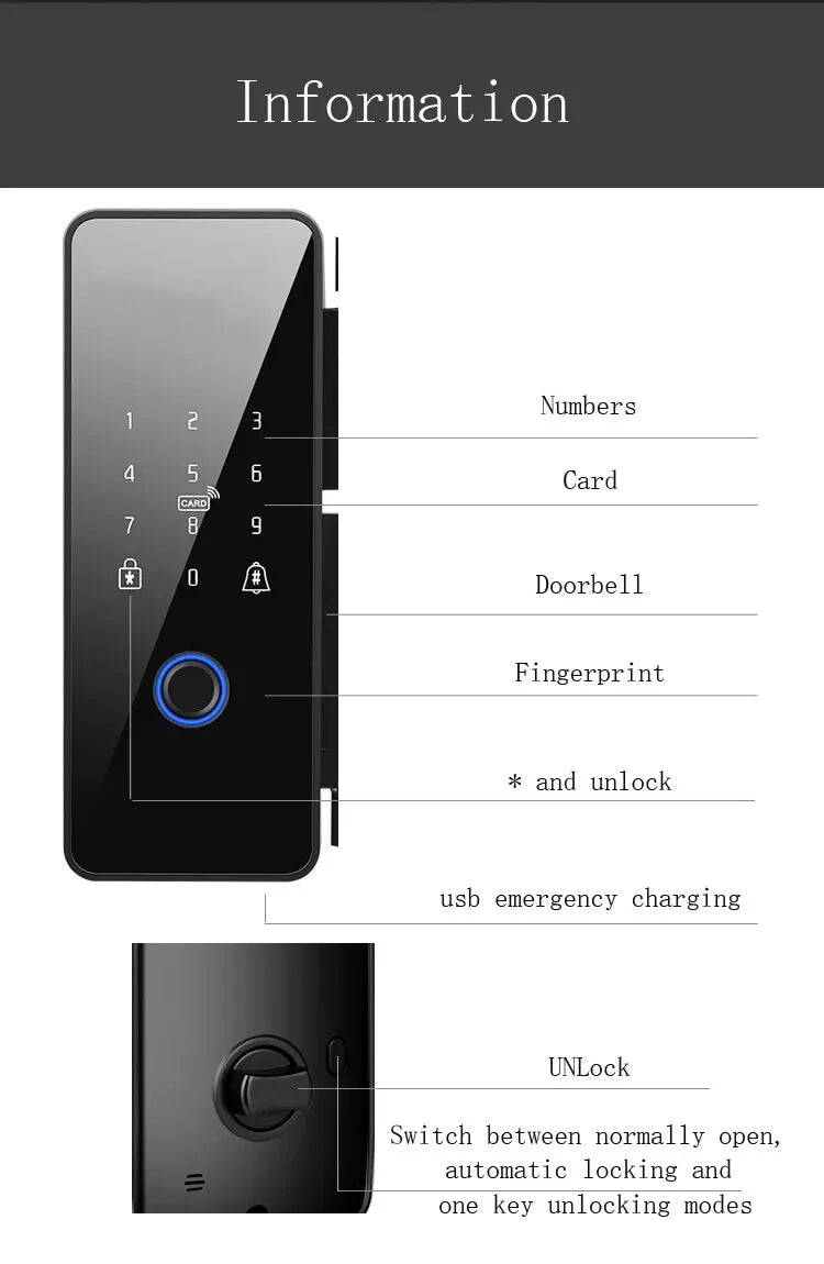 Tuya Door Lock App Glass Fingerprint Bluetooth Smart Glasses Electronic Biometric Door Lock 13.56Mhz RFID Remote Control Unlock