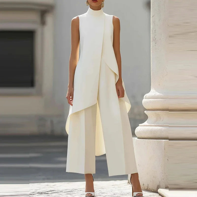 Women Chic Irregular Top+Pant Stwo-Piece Set Casual Solid Color High Neck Sleeveless Suit Fashion Office Commuting Loose Outfit