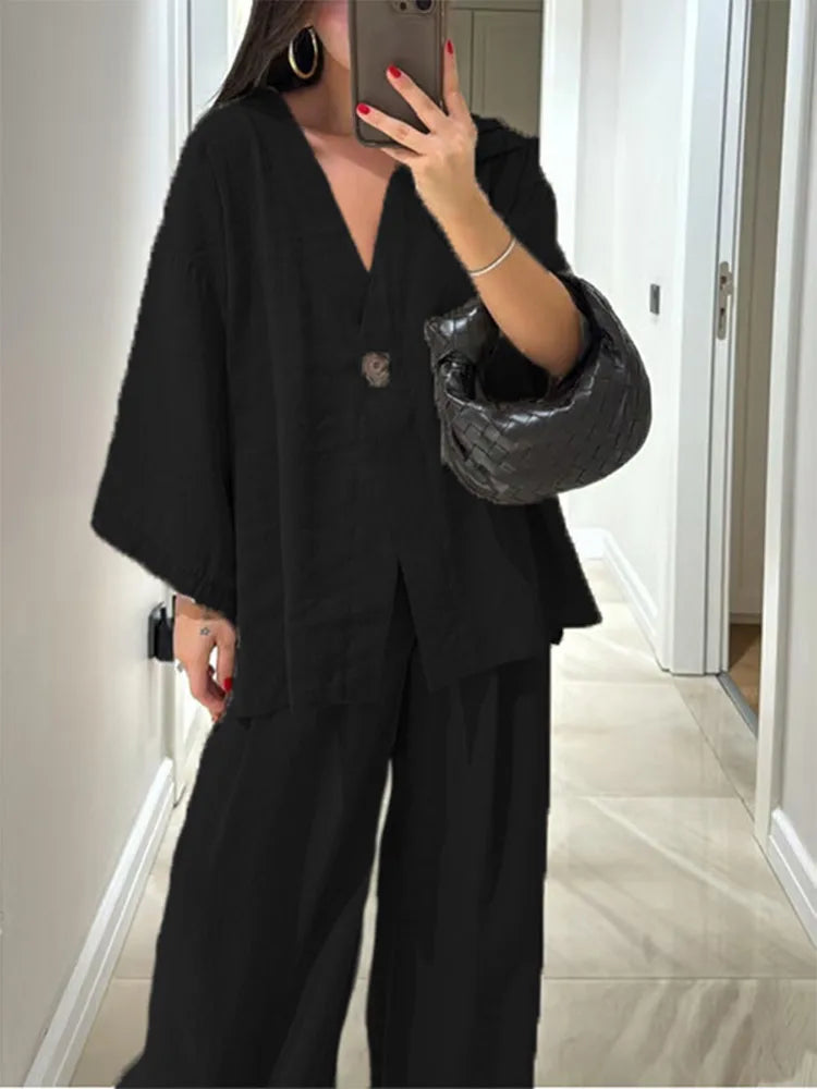 Solid One Shoulder Top Lantern Pants Set Women Chic Cotton Linen T-shirt Wide-leg Pants Suit Elegant Lady Summer Daily Outfits