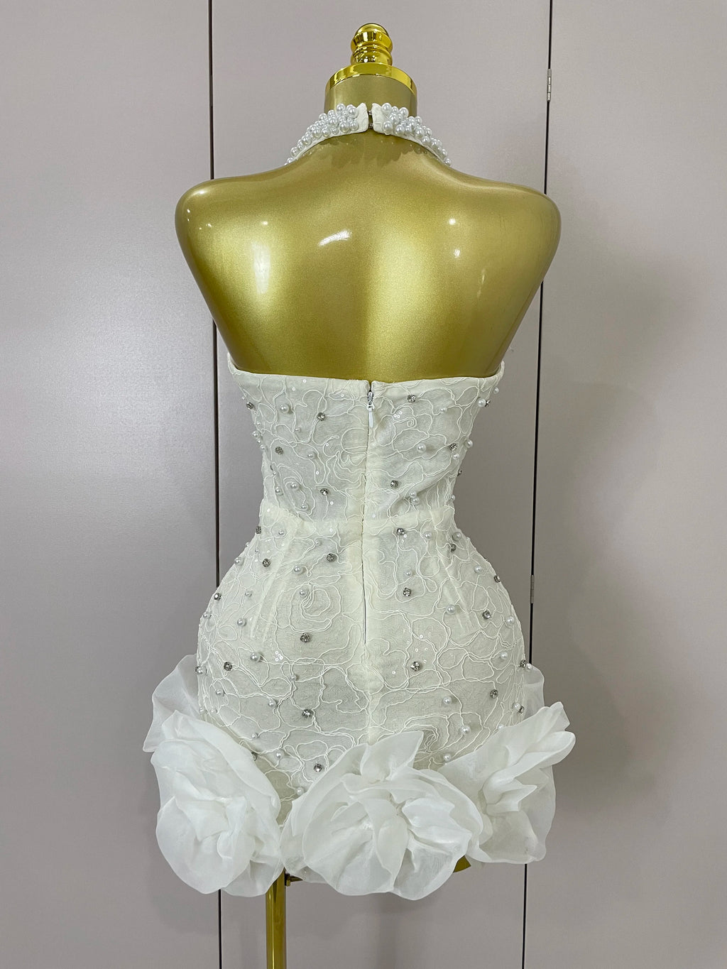 High Quality Luxury Shiny Diamonds Pearl Flowers Deep V Halter Short Dress Women Celebrate Eveing Celebrity Birthday Party Dress