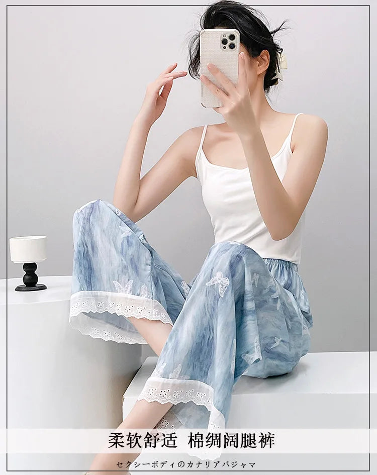Women Pajama Printed Loose Night Bottoms Viscose Pants Female Outwear Pants Loungewear Home Pants 2026 New Summer Sleeping Wear