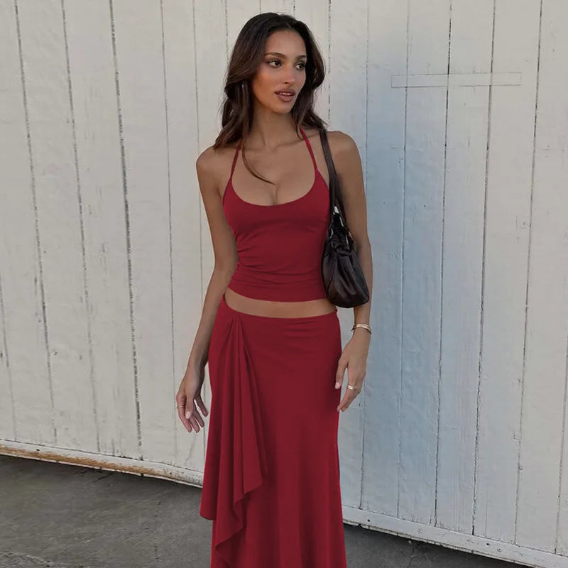 Hugcitar Fashion 2 Pcs Sets Halter Solid Backless Lace Up Sexy Crop Tank Top Ruched Maxi Skirt Women Outfit Beach Vacation Sport