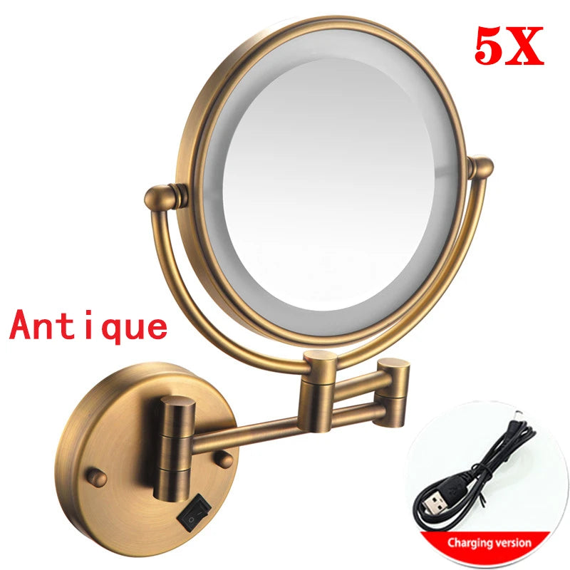 Brushed Gold LED Makeup Mirror with Brass Folding Bathroom Mirrors of 8 Inch 3X 5X Maynifying Makeup Mirror Dual Face LED Mirror