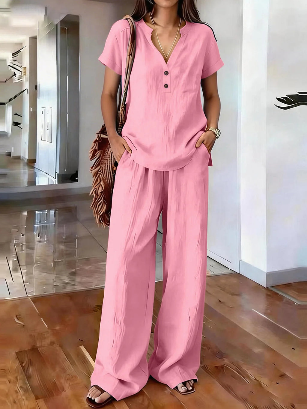 Solid Color Casual Loose Pants Sets For Women 2026 Elegant Summer Women's Two Pieces Suit Full Trouser Set Female Outfit Clothes