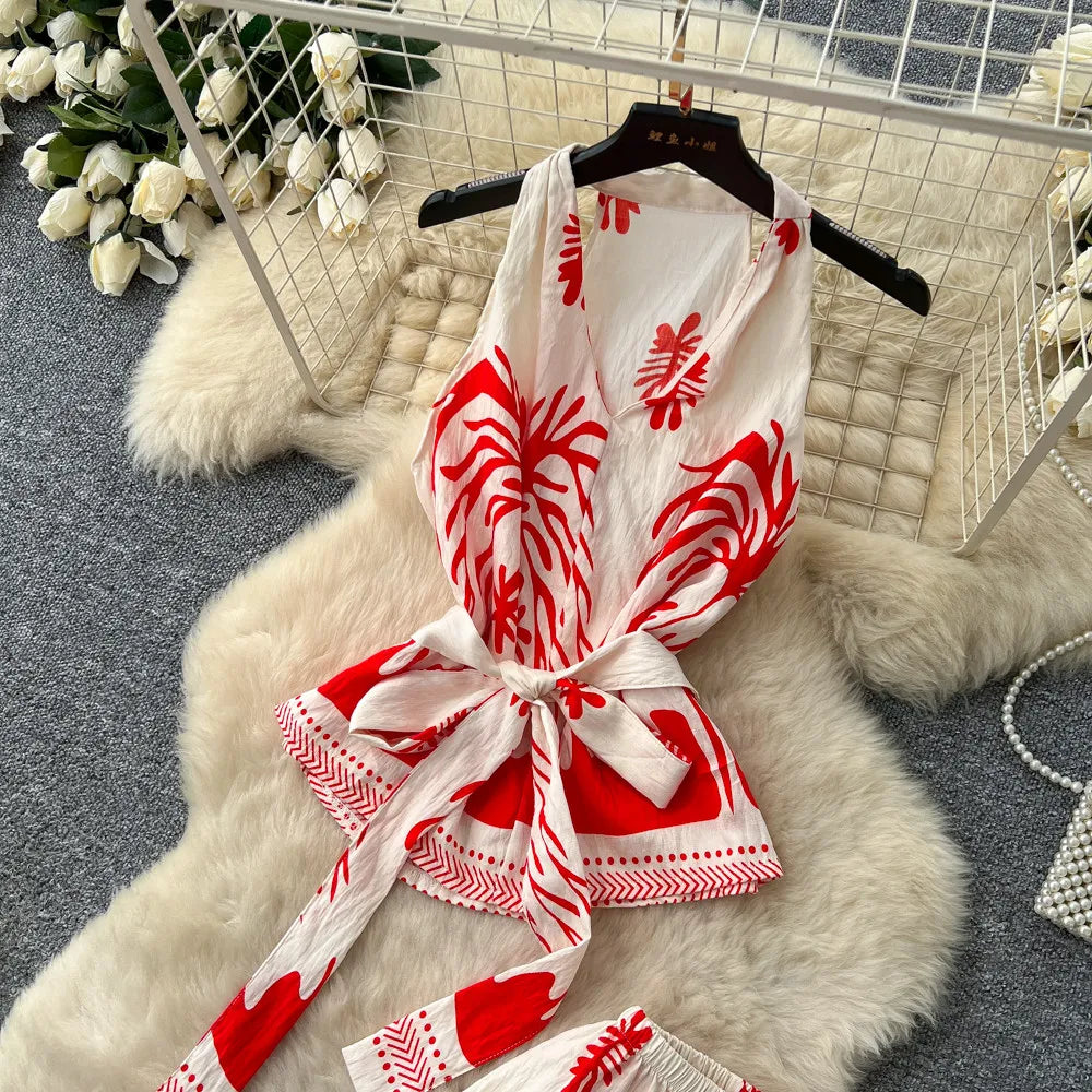 SINGREINY Boho Print Vacation Suits Summer 2026 Sleeveless Lace Up Tank Top+Loose Wide Leg Pant Chic Lazy Casual Women 2pcs Sets