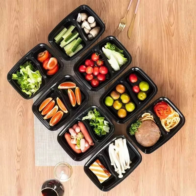 10PCS Disposable Food Boxes with Lids Two Compartments Disposable Portable Bento Boxes Storage Fruit Takeaway Food Container