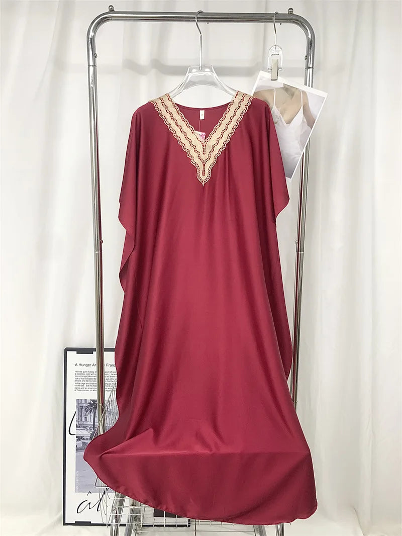 Sexy Lace V Neck Nightdress Women Night Dress Summer Short Sleeve Satin Sleepwear Loose Silky Long Nightgowns Overized