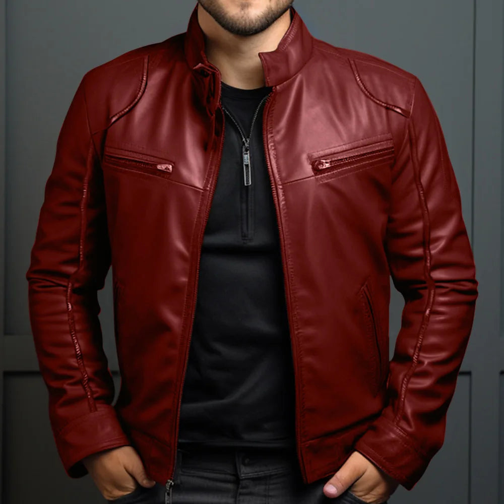 Asian Size Men's Motorcycle Leather Jacket Stand Collar Punk Biker Jacket Men's Casual Slim Fit PU Leather Coat Riding Jacket