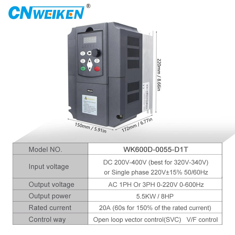 WK600D Series Solar Inverter with DC Input 0.75-2.2KW 1 Phase or 3 Phase 220V Output, Dedicated Inverter for Water Pumps VFD