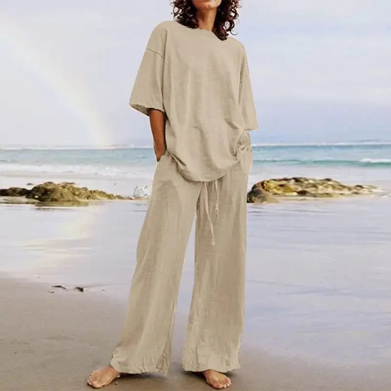 Fashion Women's 2-piece Set 2024 Summer Casual Pocket Set Half Sleeve O-Neck Top and Wide Leg Large Outline Pants Set