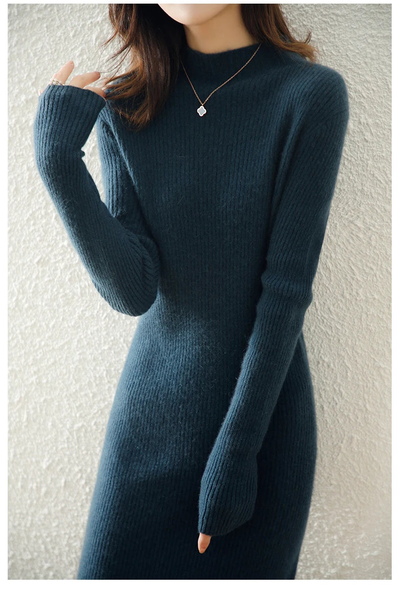 Autumn and winter semi high neck drawstring high elasticity slim fit 100% wool pullover dress, mid length over knee cashmere