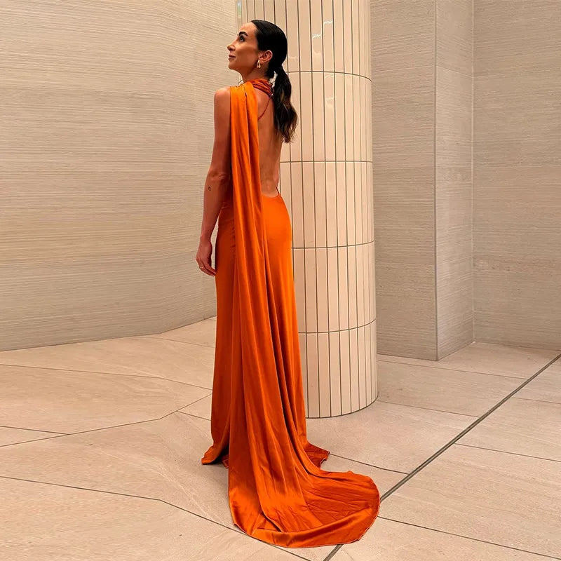 Backless Satin Long Sling Dress Women V Neck Sleeveless Slit Solid Sexy Party Dresses 2026 Summer Lady Vacation Evening Robes