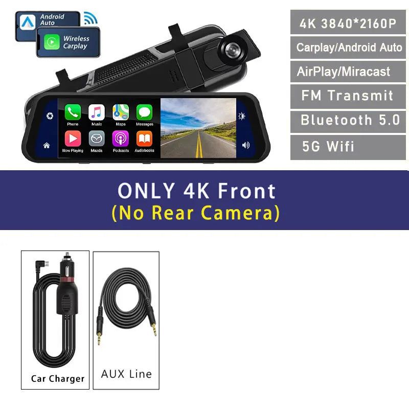 4K 3840*2160P Dash Cam Carplay Android-Auto Car DVR Dual Len 5G Wifi GPS BT FM Video Drive Recorder Stream Mirror Dashcam Camera