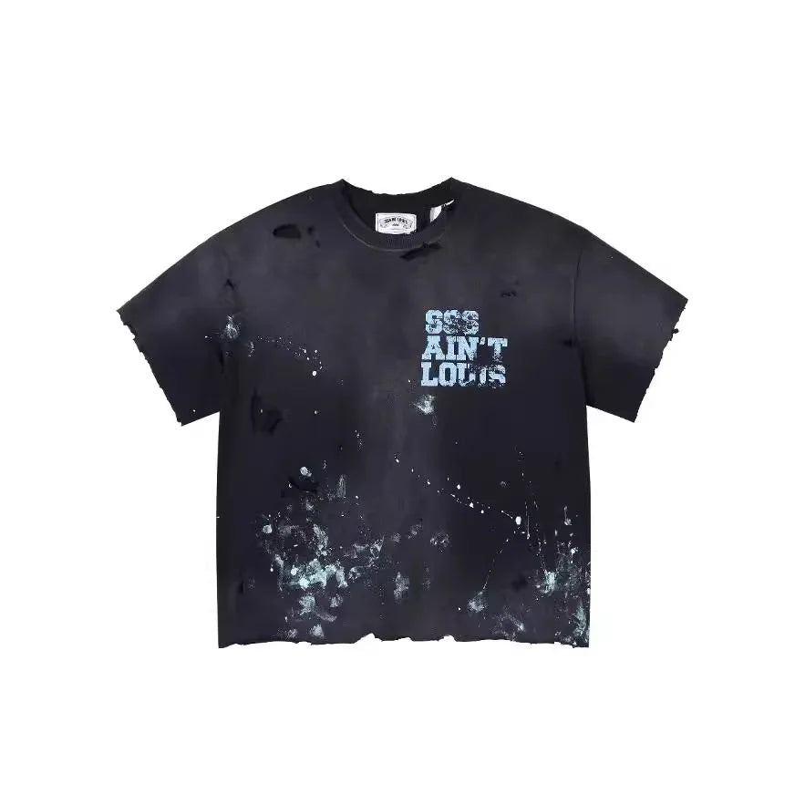 SSSAINT LOUIS Handmade Destruction logo letter print classic vintage summer short-sleeved t-shirt men/women high street cotton