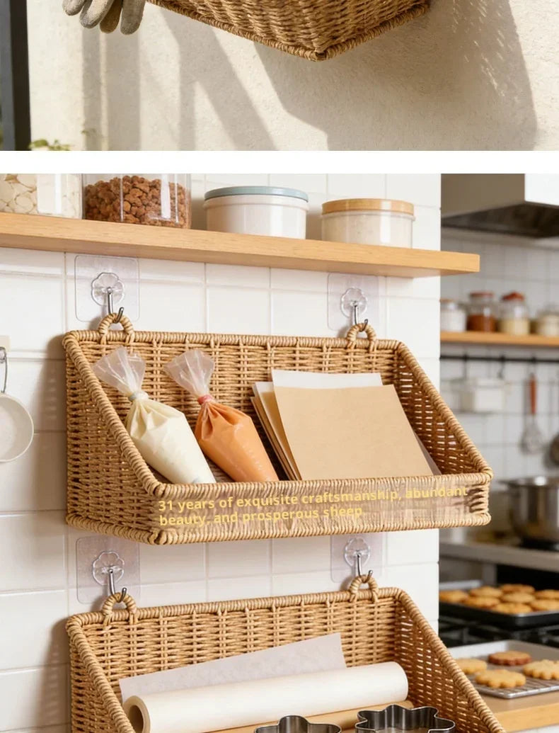 Woven Imitation Rattan Wall Mounted Storage Basket Slanted Shelf Organizer for Kitchen Living Room Bathroom Bedroom Balcony