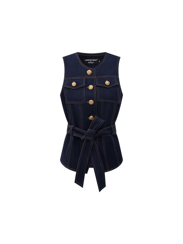 2026 new women's Japanese retro denim vest spring new waist style high-end sleeveless top denim trousers