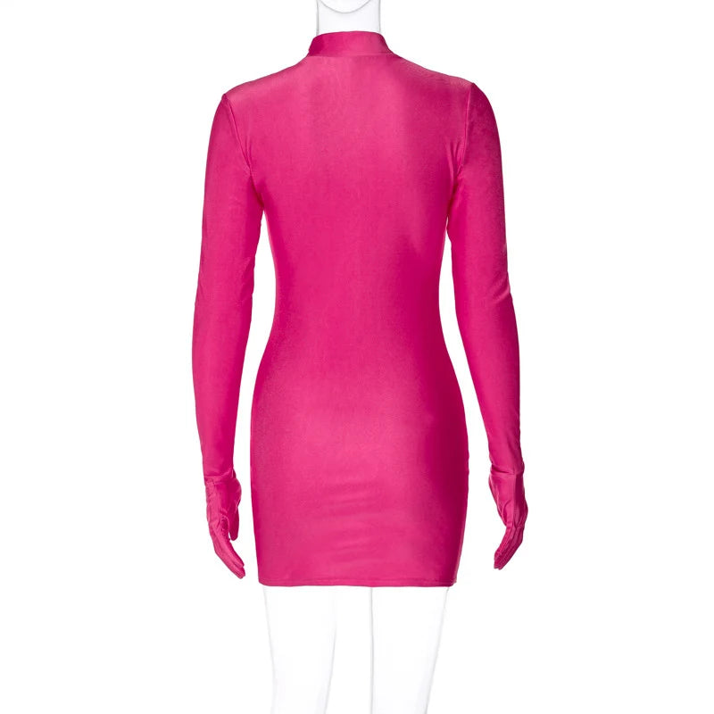 Solid Long Sleeve Mini Dress with Gloves Sexy Streetwear Party Outfit Half Turtleneck Bodycon Y2K Style Wholesale