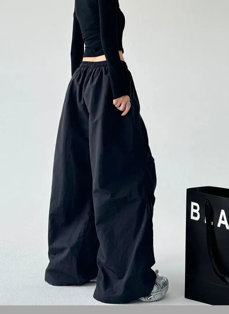 Women's Brown Parachute Pants 2026 Summer New Loose Straight Wide Leg Trousers Casual Quick Dry Cargo Pants Streetwear