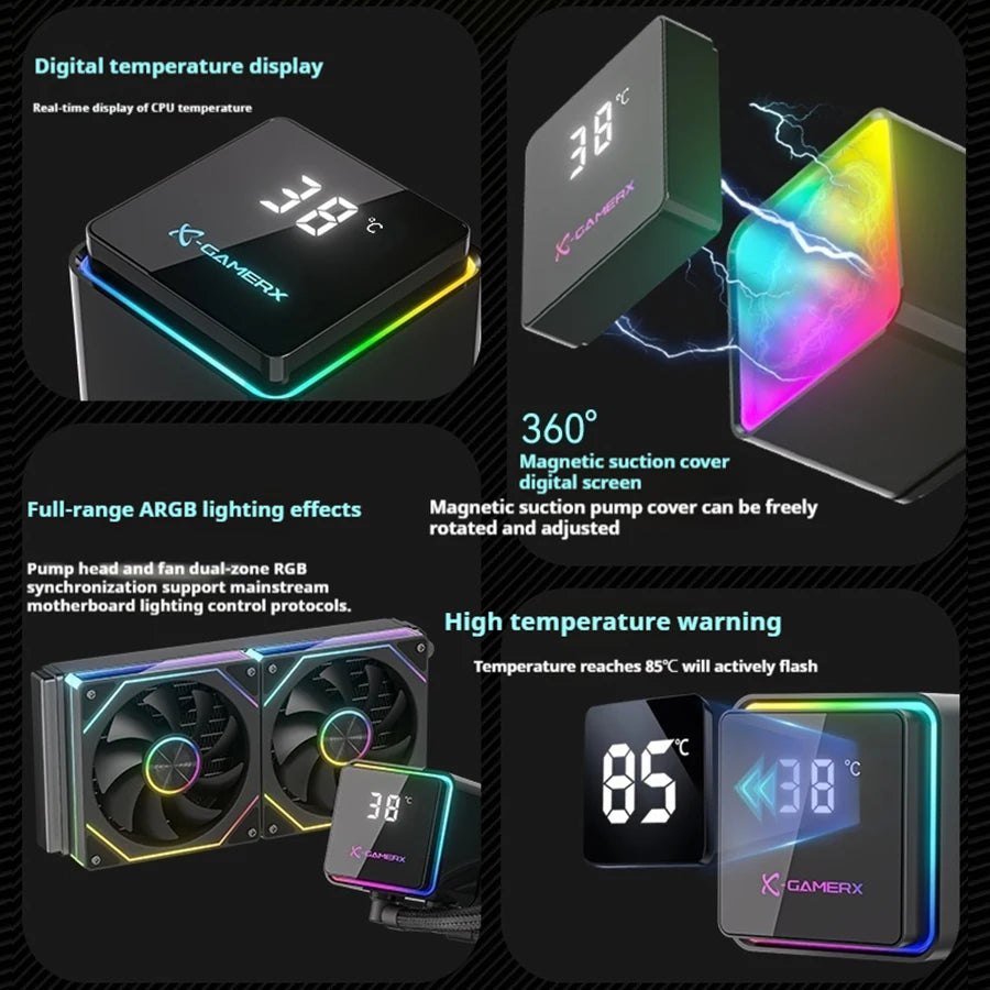 X-GAMERX PowerTrain M360 Water Cooler Processador ARGB 360° Magnetic Cover CPU Digital Temperature Display 360MM Watercooling