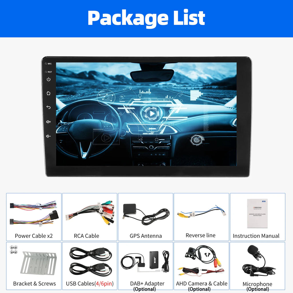 ESSGOO 9Inch 2 DIN Car Stereo Radio Wirless Carplay Android Auto Car Stereo Bluetooth 64G GPS Navigation RDS WiFi USB FM DAB+CAM