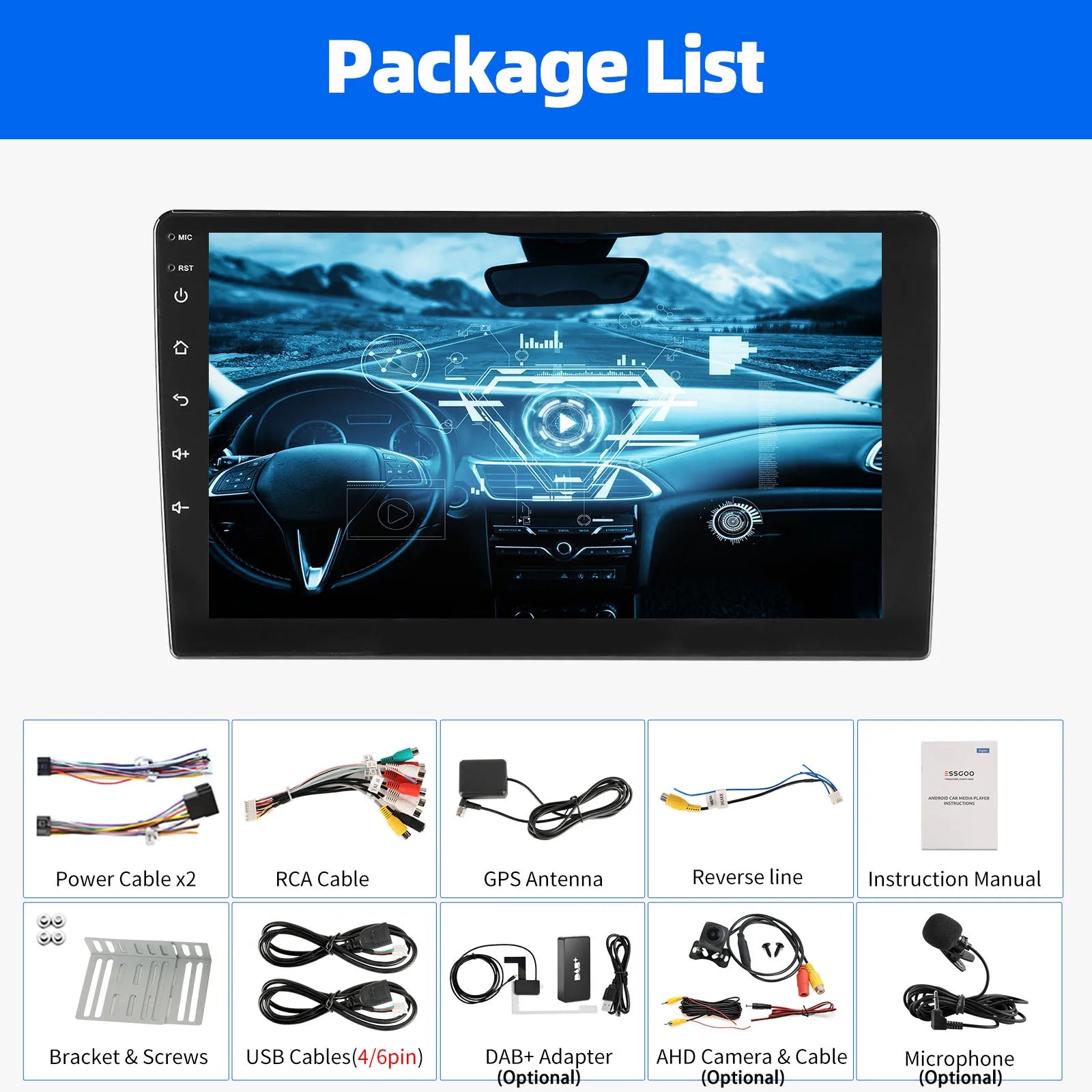 ESSGOO 9Inch 2 DIN Car Stereo Radio Wirless Carplay Android Auto Car Stereo Bluetooth 64G GPS Navigation RDS WiFi USB FM DAB+CAM