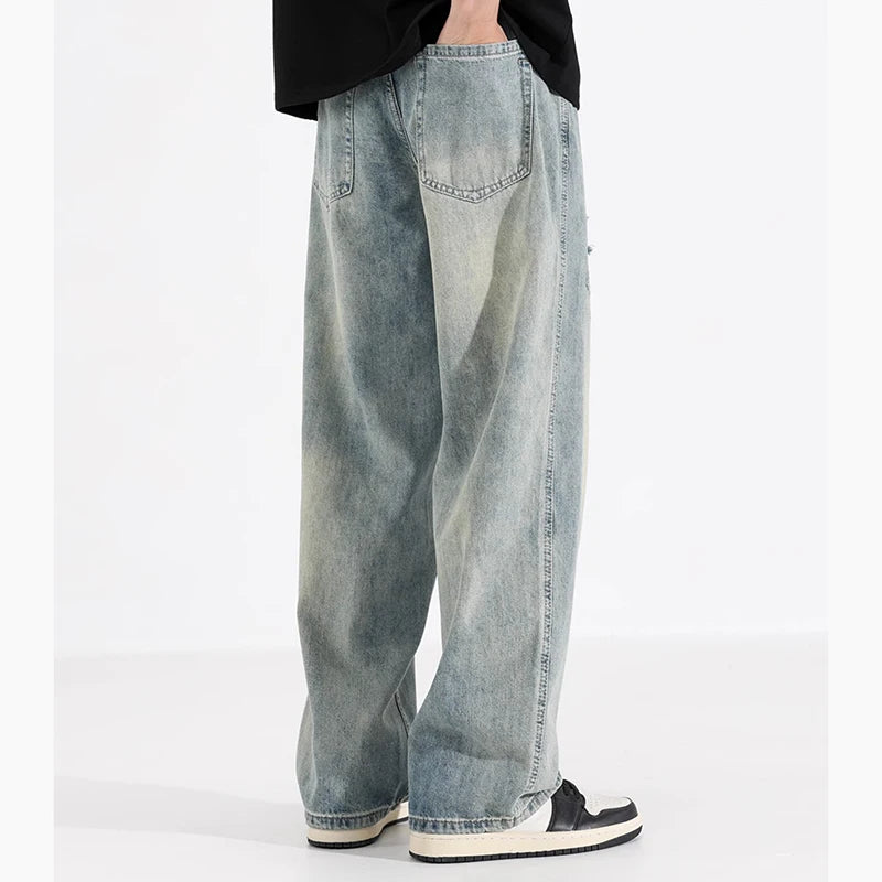 New Fashion Men Ripped Loose Straight Leg Jeans Male American Style Vintage Trend Streetwear Denim Pants Daily Casual Trousers
