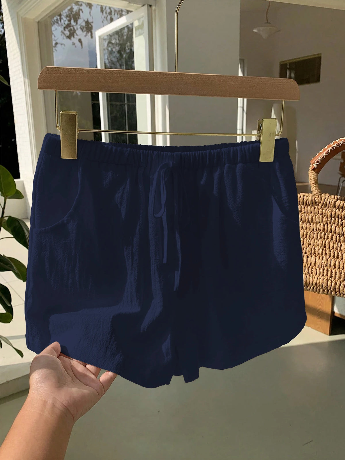 Ladies New Spring Summer Linen Solid Color Casual Sports Elastic Waist Drawstring Short Pants