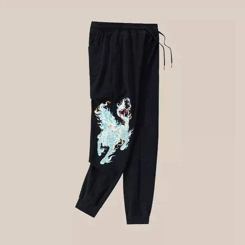 Lyprerazy Men's Casual Pants Embroidered Cotton Sweatpants National Tide Loose Straight Elastic Waist Pants