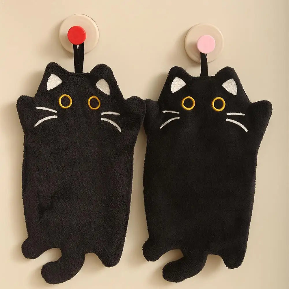 1PC Cartoon Cat Hand Towel Thickened Absorbent Kitchen Heat Resistant Pad Hanging Cleaning Cloth Towels