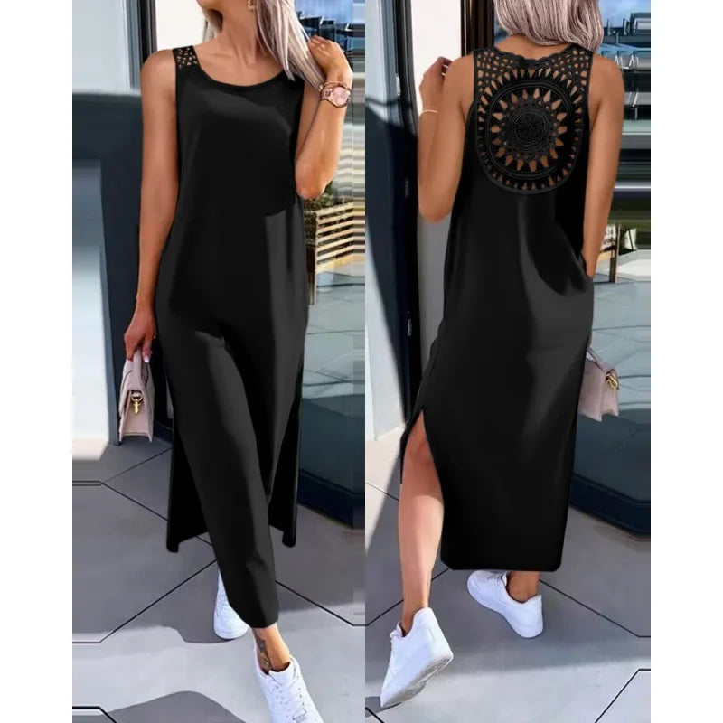 Summer Casual Temperament Fashionable Slim Fit Solid Color Round Neck A-line Skirt Lace Lace Lace Back Sleeveless Slit Dress