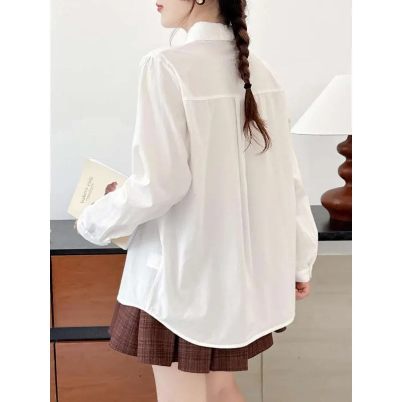 Sweet Cartoon Cat Embroidery Long Sleeve Shirt Women's Casual Style Spring Fashion Artistic Loose Fit Cotton Shirt
