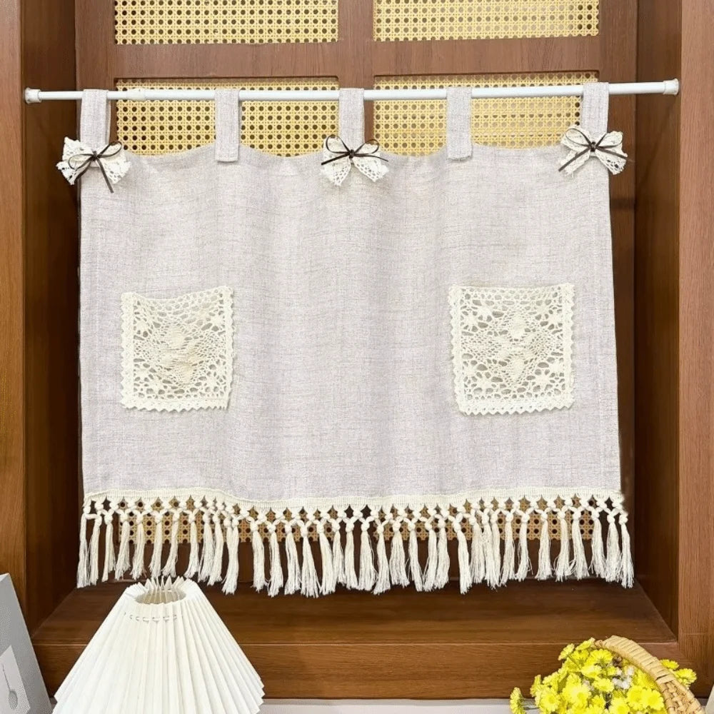 Vintage Oven Cover Curtain with Pocket Detachable Kitchen Stove Cover Skirt with Tassels Rustic Boho Curtain Panel Oven Door