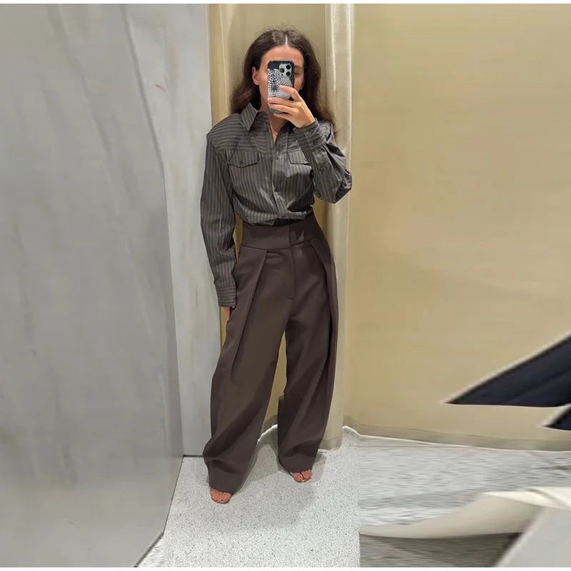Multicolor Striped Shirt 2 Picec Set Button Front Blouse High Waist Flared Hem Maxi Skirt 2026 Summer Elegant Lady Vacation Suit