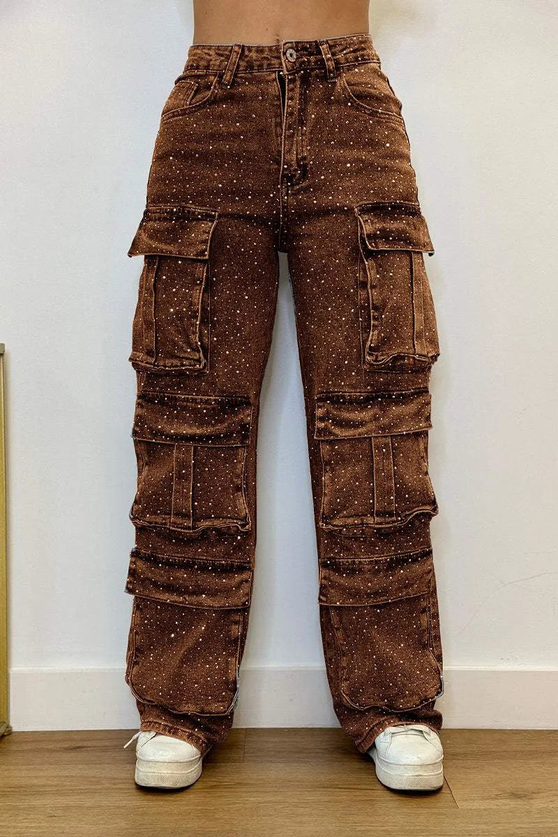 New 2026 Women's High Waist Cargo Denim Jeans with Full Rhinestones Sparkling Casual Baggy Pants Streetwear Chic Daily Trousers