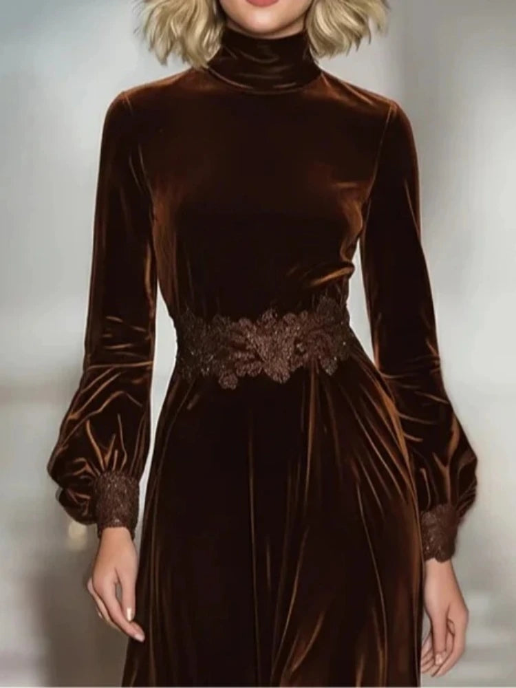 Elegant Velvet Dress for Women Spring Autumn Vintage Solid Turtleneck Lace Hem Long Dress High Waist A-line Evening Dresses