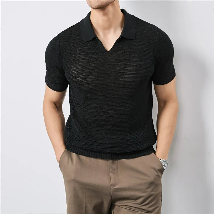 Summer Clothing Men Luxury Knitted Skinny Polo Shirt Men Korean Breathable V Neck Polo Shirts Short Sleeve Knitwear Tops Tees