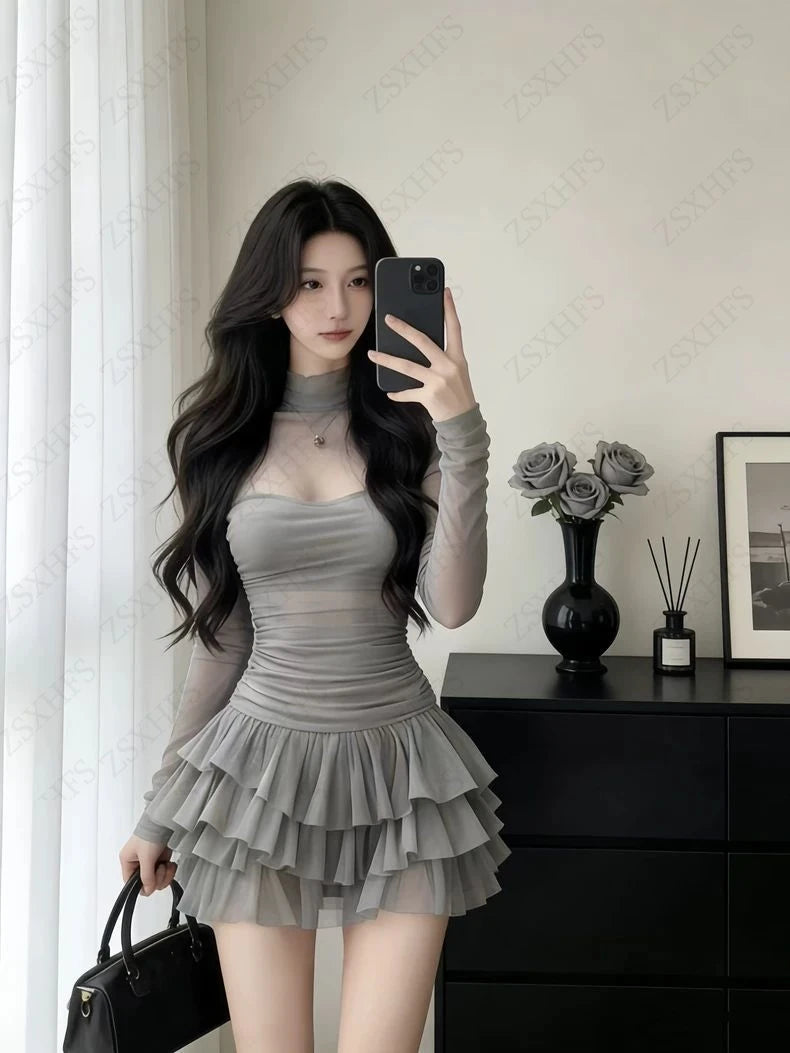 Korea Kawaii Sexy Dresses Punk Aesthetic 2000s Summer Sexy Girl Gentle Dress Chiffon Perspective Trendy Slim Tiered Short Dress
