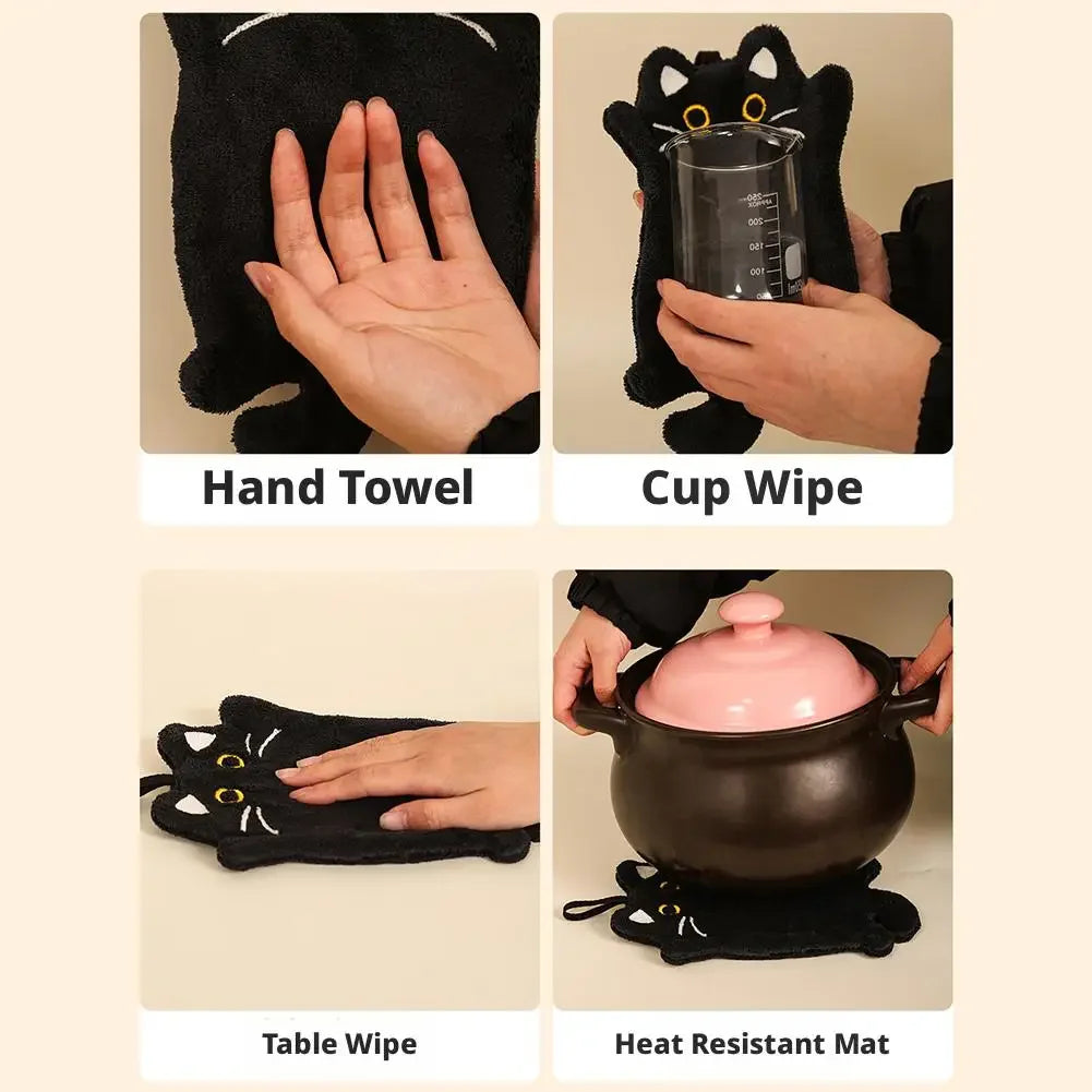 1PC Cartoon Cat Hand Towel Thickened Absorbent Kitchen Heat Resistant Pad Hanging Cleaning Cloth Towels