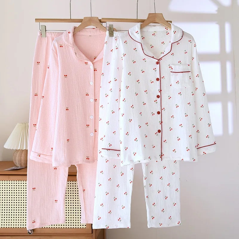 100% Cotton Women Pajamas Cherry print Pajamas Autumn Long sleeved pants Female 2 Piece Set Nightwear  Lady Pyjamas Loungewear