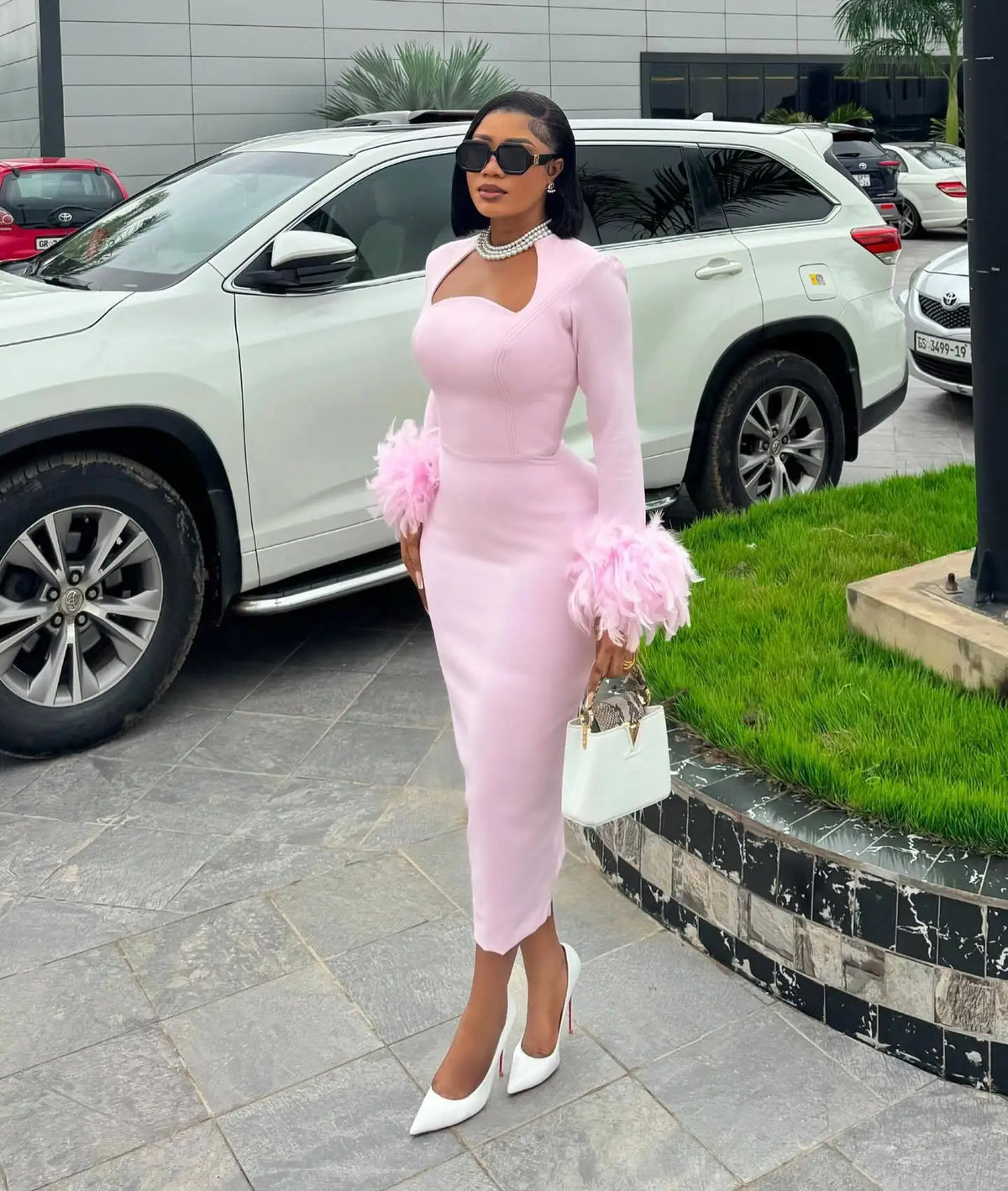 CM.YAYA Women Feather Hem Flare Long Sleeve Bodycon Mid-calf Length Dress 2024 Fall Winter Birthday Vestidos Party Even Dresses