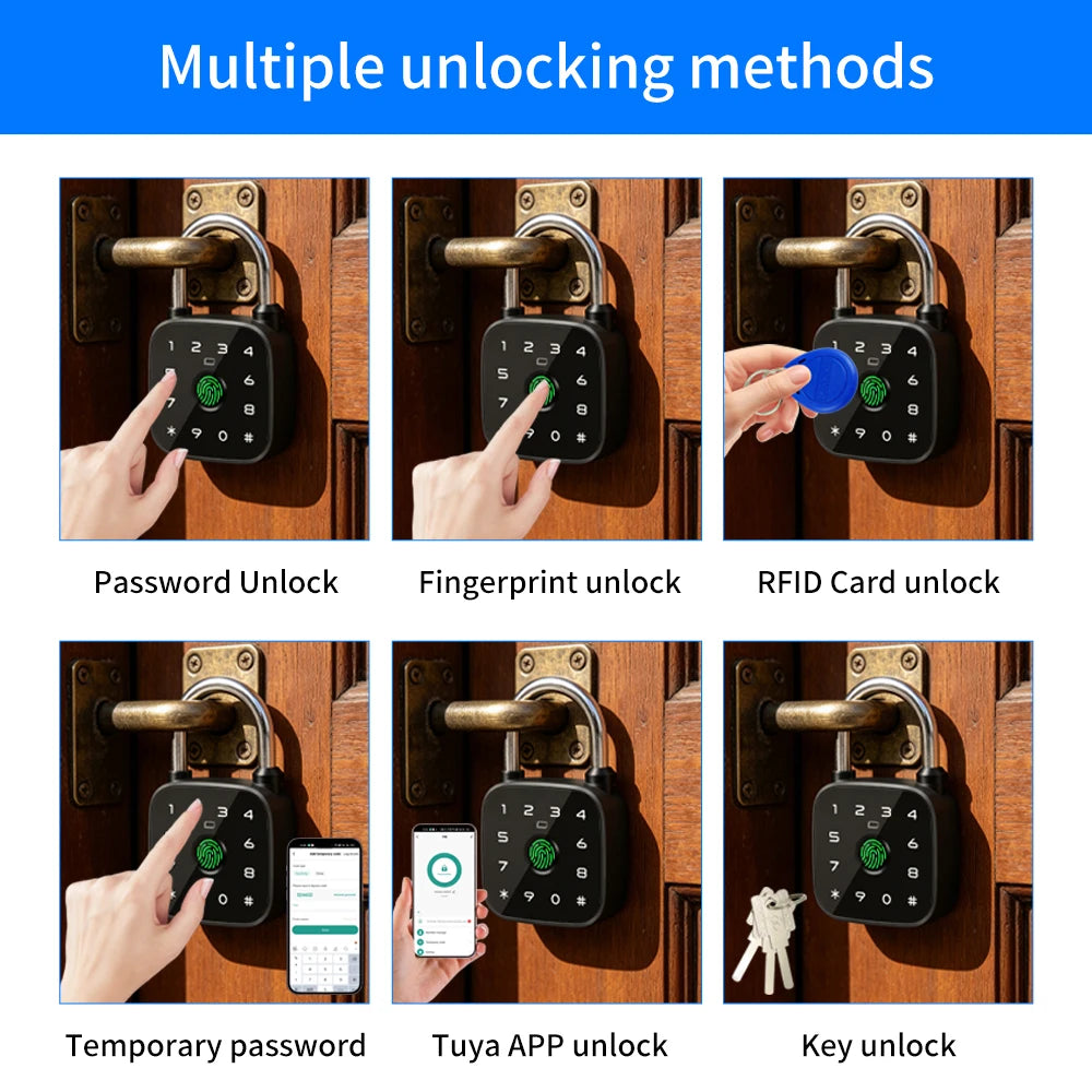 IP67 Smart Padlock Support Tuya App Fingerprint Password RFID Card Key Unlock Type-C Charging Multi-function Anti-theft Lock