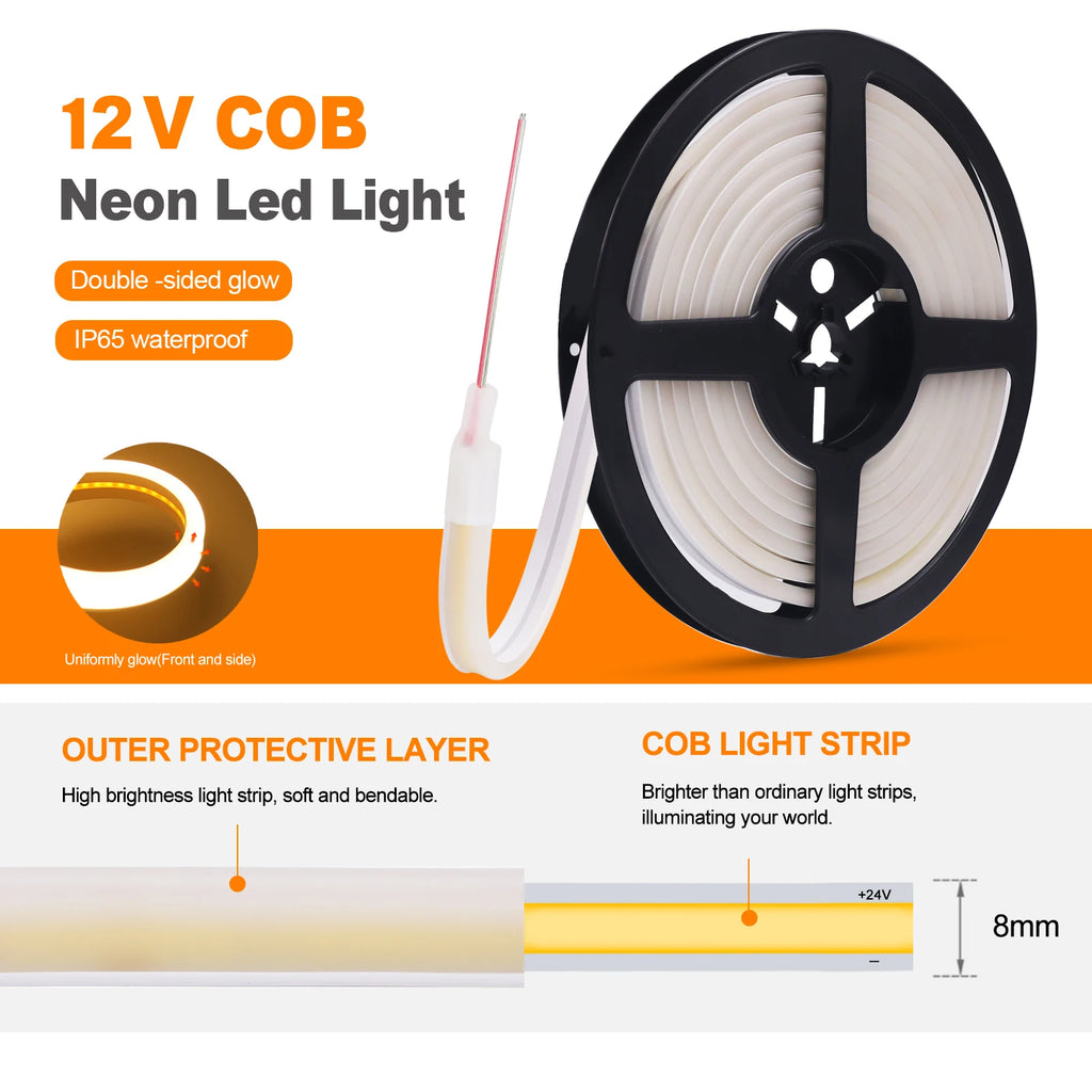 12V 24V COB LED Strip Light Double Side Glow Waterproof Flexible LED Neon Tape 320LEDs High Density Linear Lighting 0.5-20M