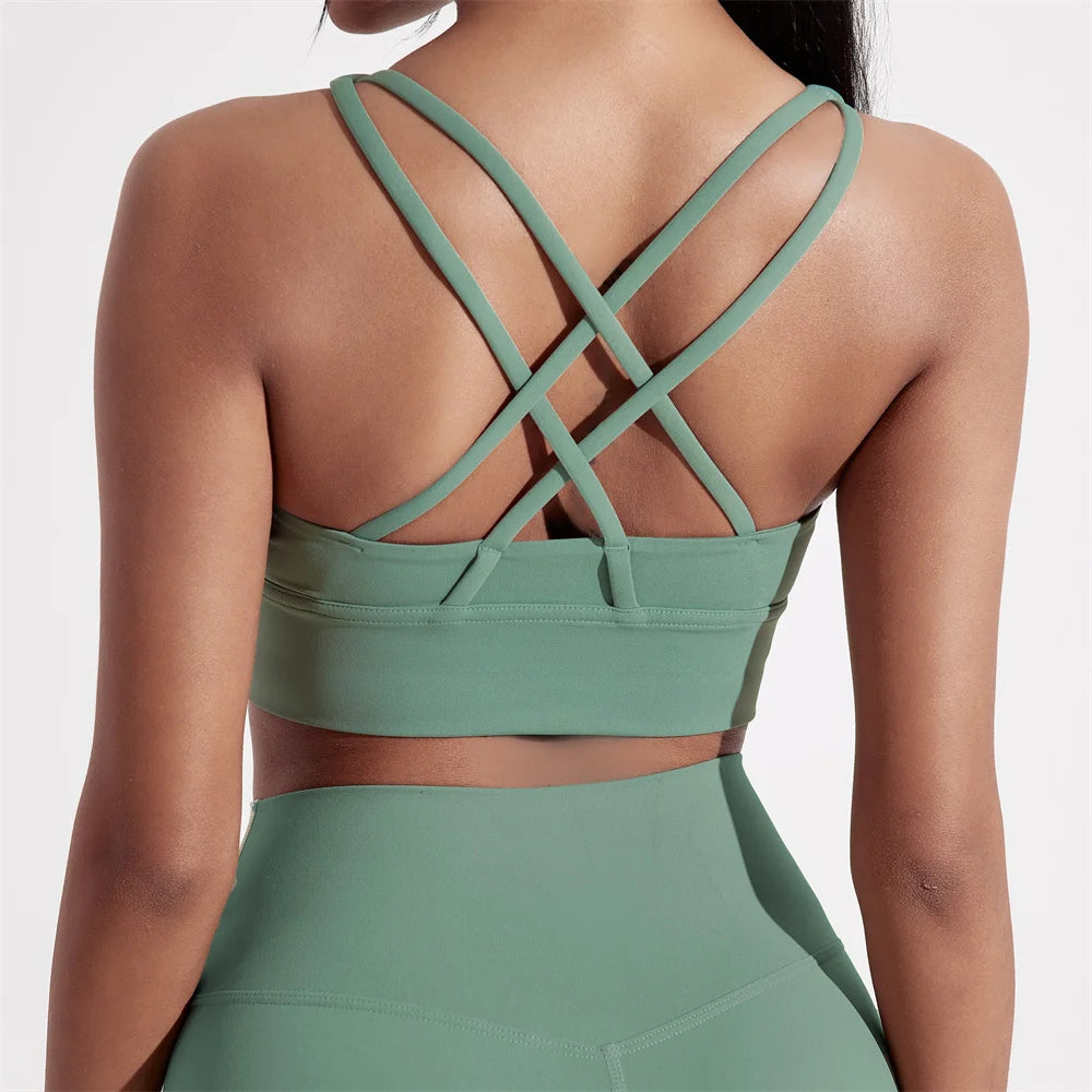 Solid Color Women Fitness Sport bra top soft tight Comprehensive training jogging gym yoga underwear cross back With chest pad
