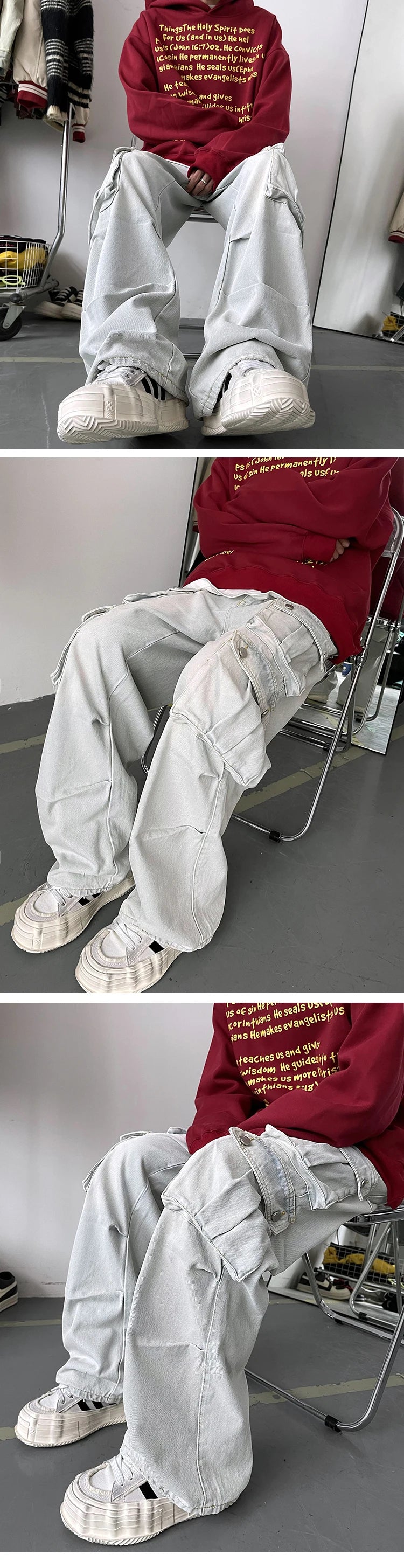 Cargo Jeans Men's Multiple pockets Patchwork Straight Casual Trousers Men Baggy Hip Hop Streetwear Loose Fashion denim Pants