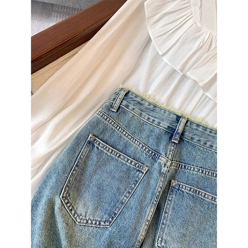 Women's Tassel Denim Long Skirts, Vintage Pocket, A-line Jeans Skirt, High Waist, Women's Fashion, Spring, S-5XL