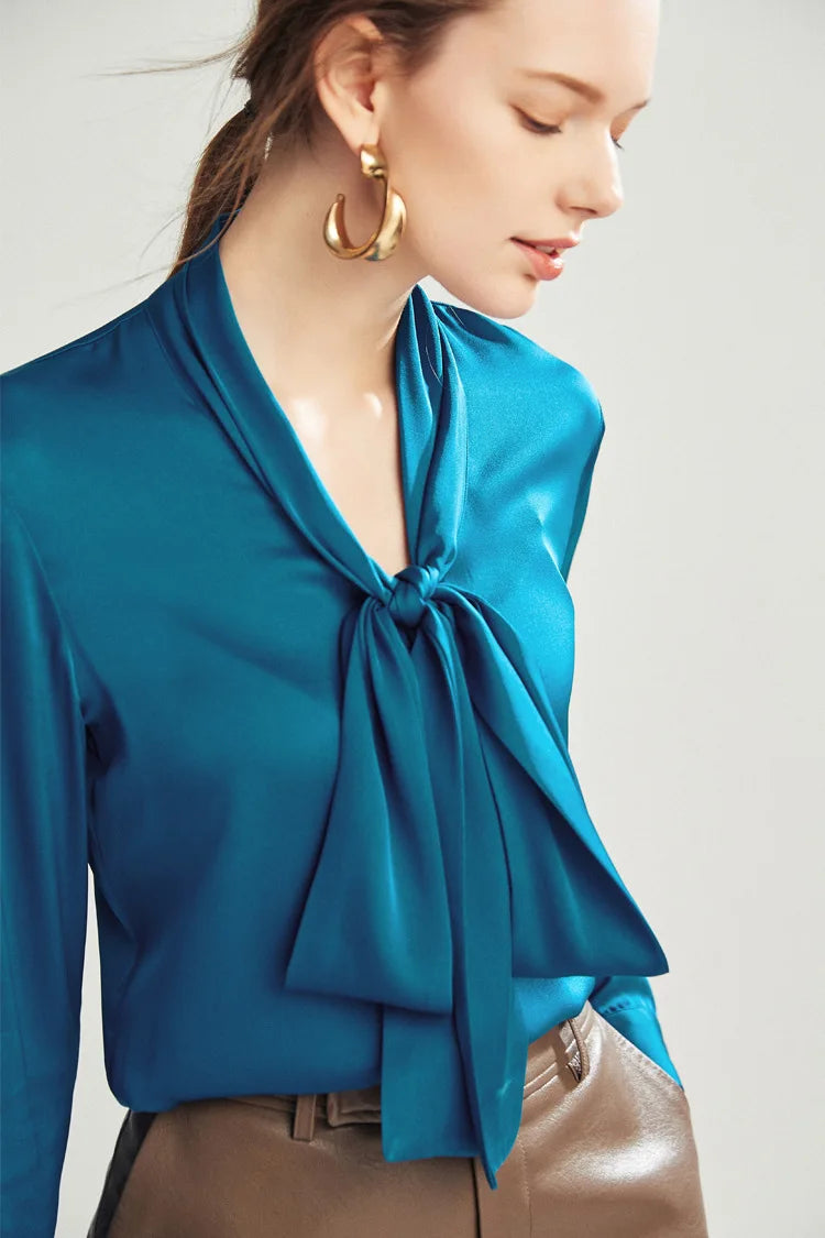 Spring Summer Silk Ribbon Blouse 90% Mulberry Silk Lace Up Long-sleeve Elegant Tops